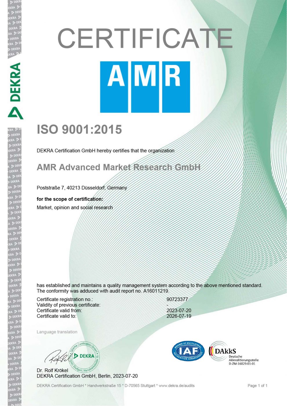 AMRs ISO 9001:2015 Zertifikat